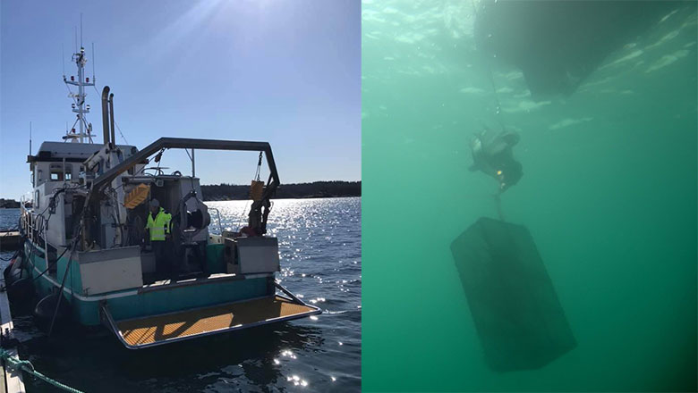Recovering a lobster pot with an ROV from the back of the survey vessel TYRA