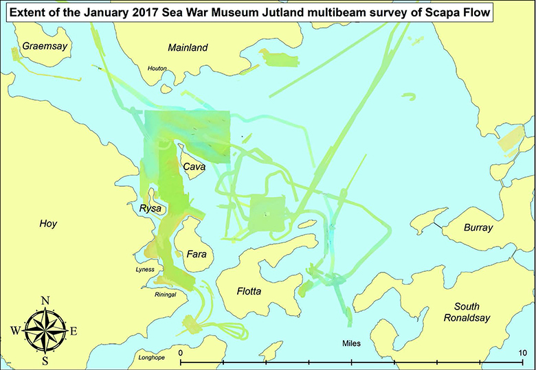 A map showing the coverage area of the 2017 multi-beam survey of the Scapa Flow