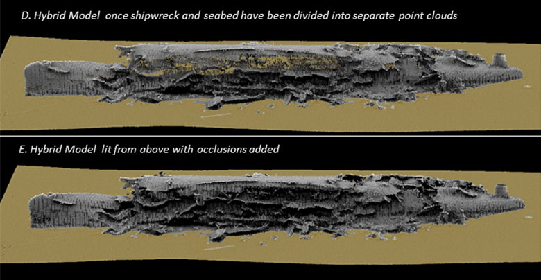 Point cloud data of a shipwreck from a multibeam survey visualised in 3D software