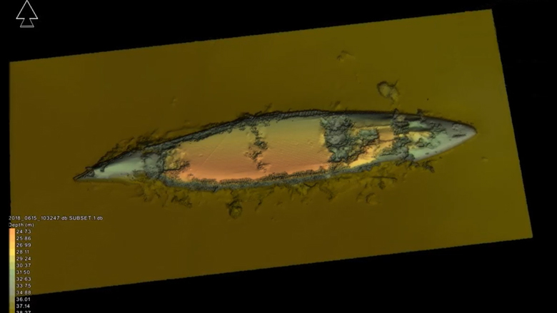 A video of the wreck of SMS Markgraf created from data from a multi-beam survey displayed in 3D software