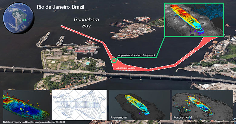 Satellite image of an access channel to an oil and gas terminal with 3D images of a shipwreck