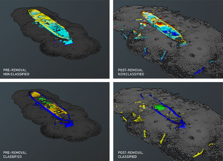 Point cloud mosaics of a shipwreck for pre and post removal survey in QuickStitch software
