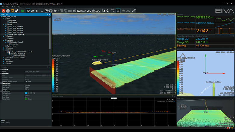 Unmanned bathymetric survey demo views in NaviPac's Helmsman's Display