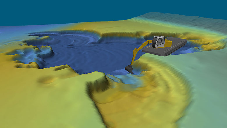 An excavator dredge in the cut - bathymetric data visualised with dredging monitoring software
